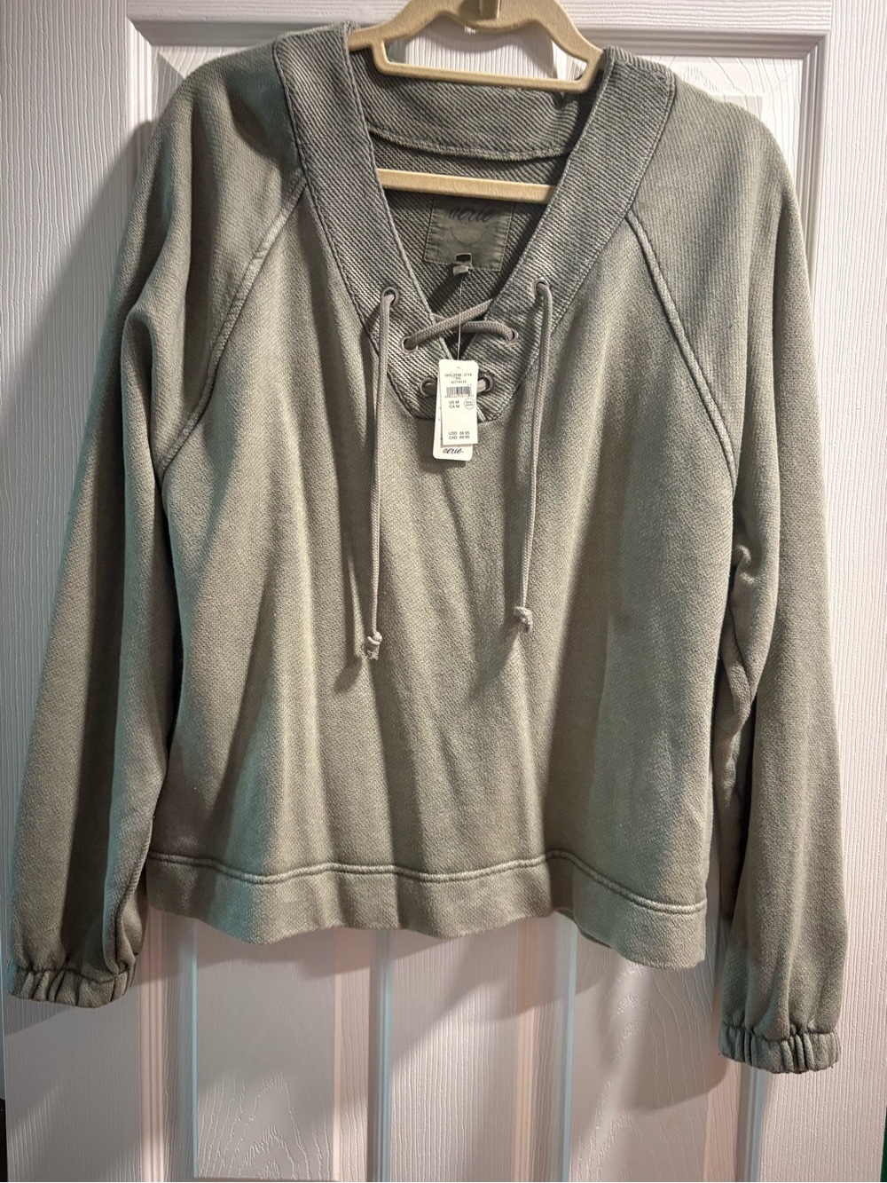 aerie Lace-Up V-Neck Sweatshirt - Sage